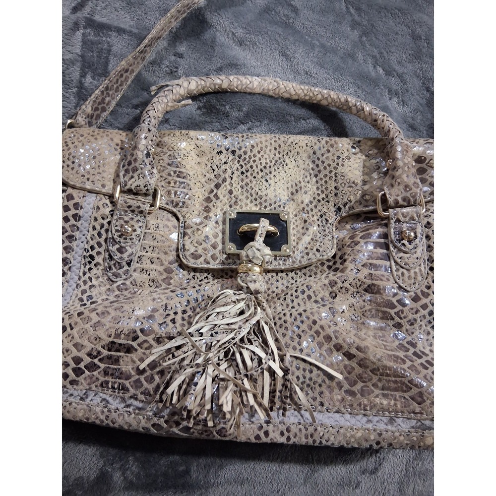 Elliott Lucca Snakeskin Leather Hobo Shoulder Tote wl Tassel Designer Bag Purse